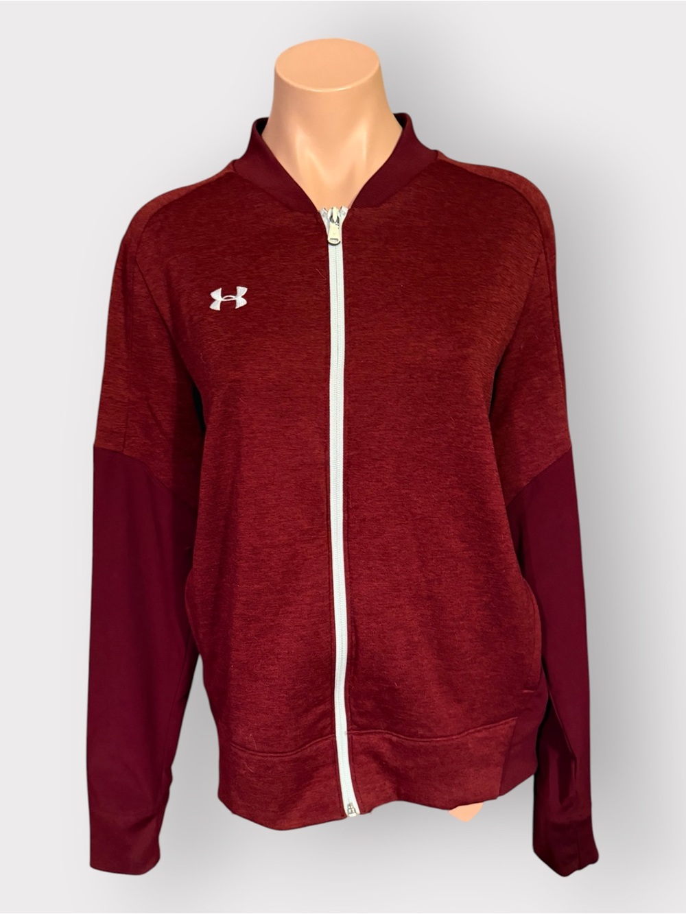 Under Armour Womens Large Loose Fit Burgundy Maroon Full Zip Warm Up Jacket